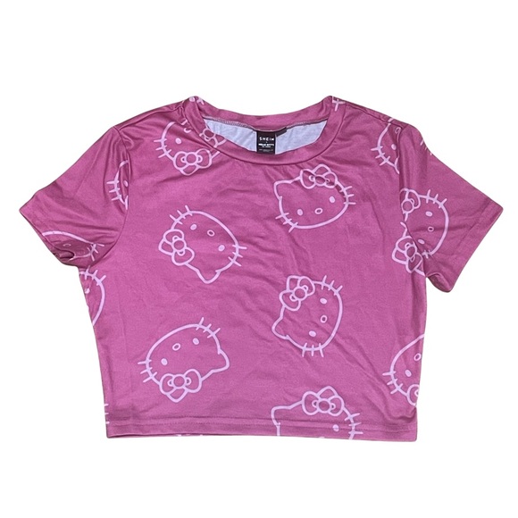 SHEIN Tops Shein X Hello Kitty Cat Print Crop Tee In Hot Pink Size